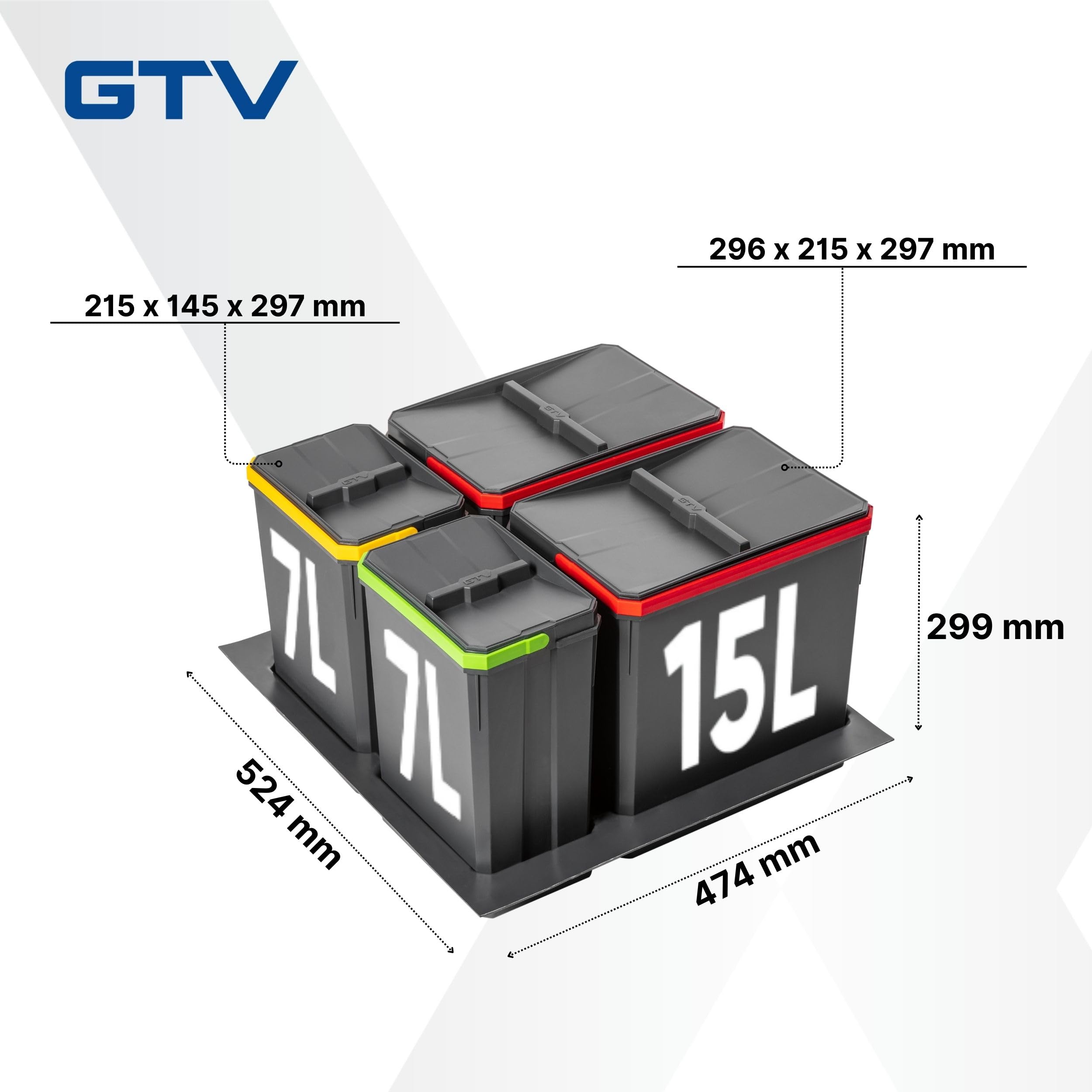 GTV - Abfallsammler Set AxiSpace, für Schubladen und Schränke mit Breite 600 mm, Set Besteht aus Behältern 2x 15L, 2x 7L, Mülleimer aus Kunststoff mit Graphenpartikeln, Farbe Anthrazit