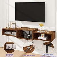 Vista 5 de IBUYKE Floating TV Stand Wall Mounted with Power Outlet,Wood Wall Mounted Media Console Shelf,Floating Entertainment Center for Under TV Storage for
