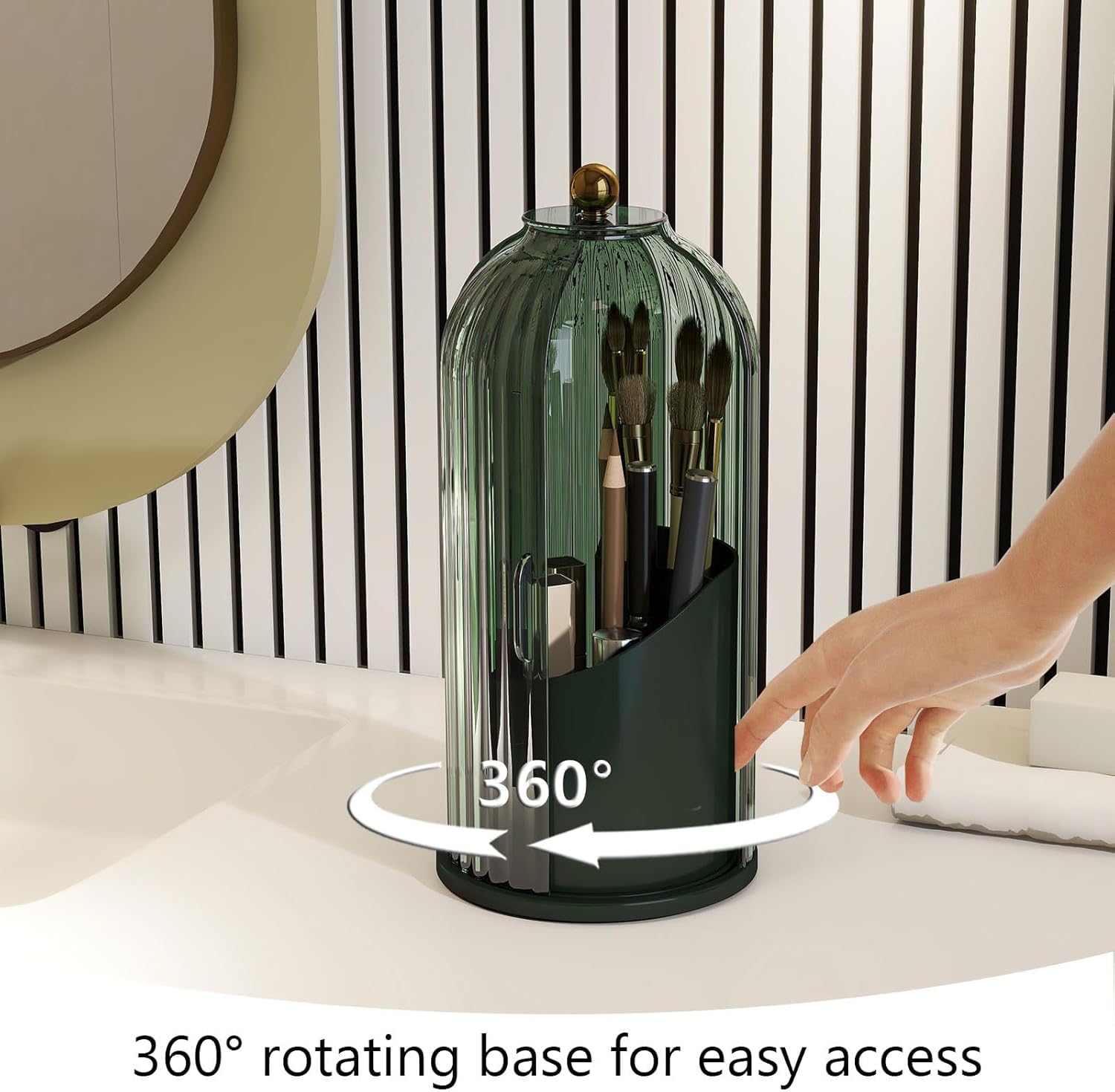Makeup Brush Holder with Dustproof Cover 360 Rotating Makeup Brush Organizer for Vanity Bathroom, All Green - Image 4