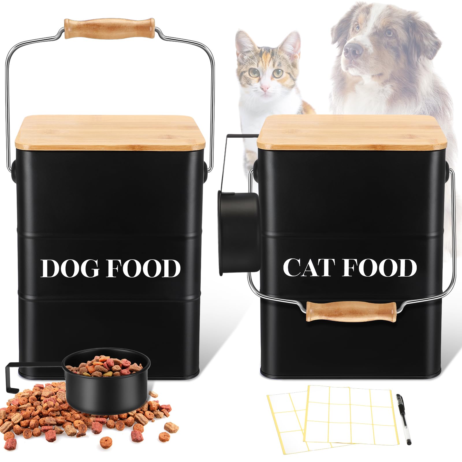 Tioncy 2 Pcs Metal Dog and Cat Food Storage Containers Big Pet Food Containers with Bamboo Lids and Spoon Airtight 5-7 Lbs Dog Cat Treat Snack Jars with DIY Labels for Kitchen Counter(Black)