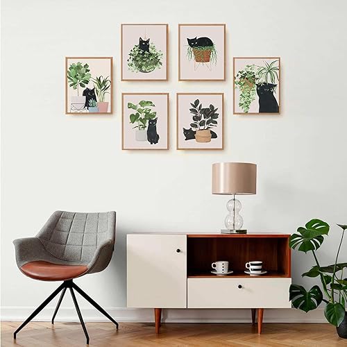 Miniatura 4 de 6 piezas de arte botánico de pared con diseño de gato negro, hojas verdes, plantas y plantas bohemias, arte de pared minimalista, impresiones