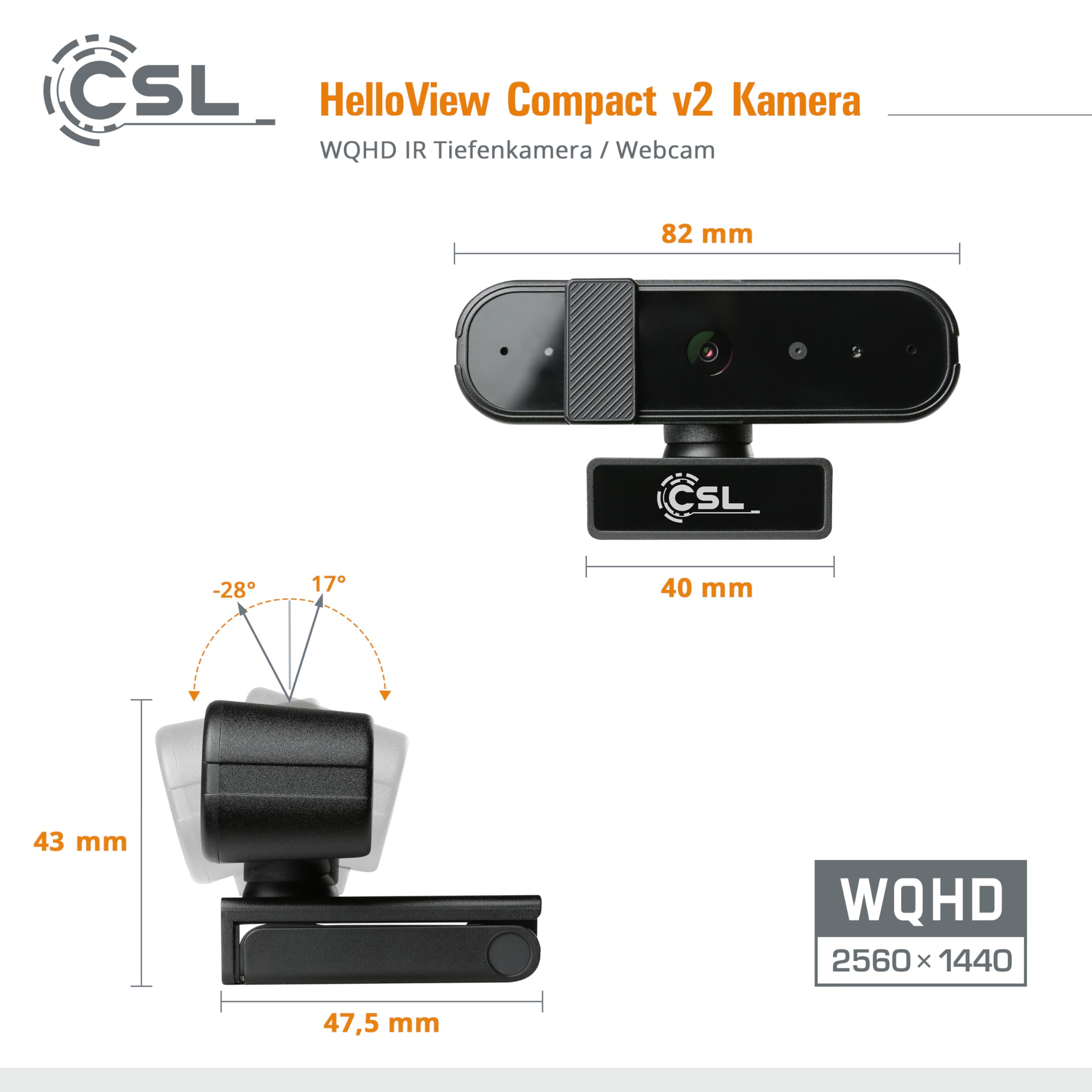 Caméra Windows Hello - Webcam CSL HelloView v2 Compact RVB, caméra de profondeur infrarouge, 2560 x 1440@30Hz, microphone intégré, chat vidéo, WQHD, 1440p, reconnaissance faciale, Windows 11 Hello