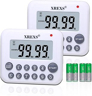 XREXS Digital Kitchen Timer 2 Pack - Magnetic Countdown/Up Clock with Loud Alarm, Large Display, Direct Input, Batteries Included - PS-367 White