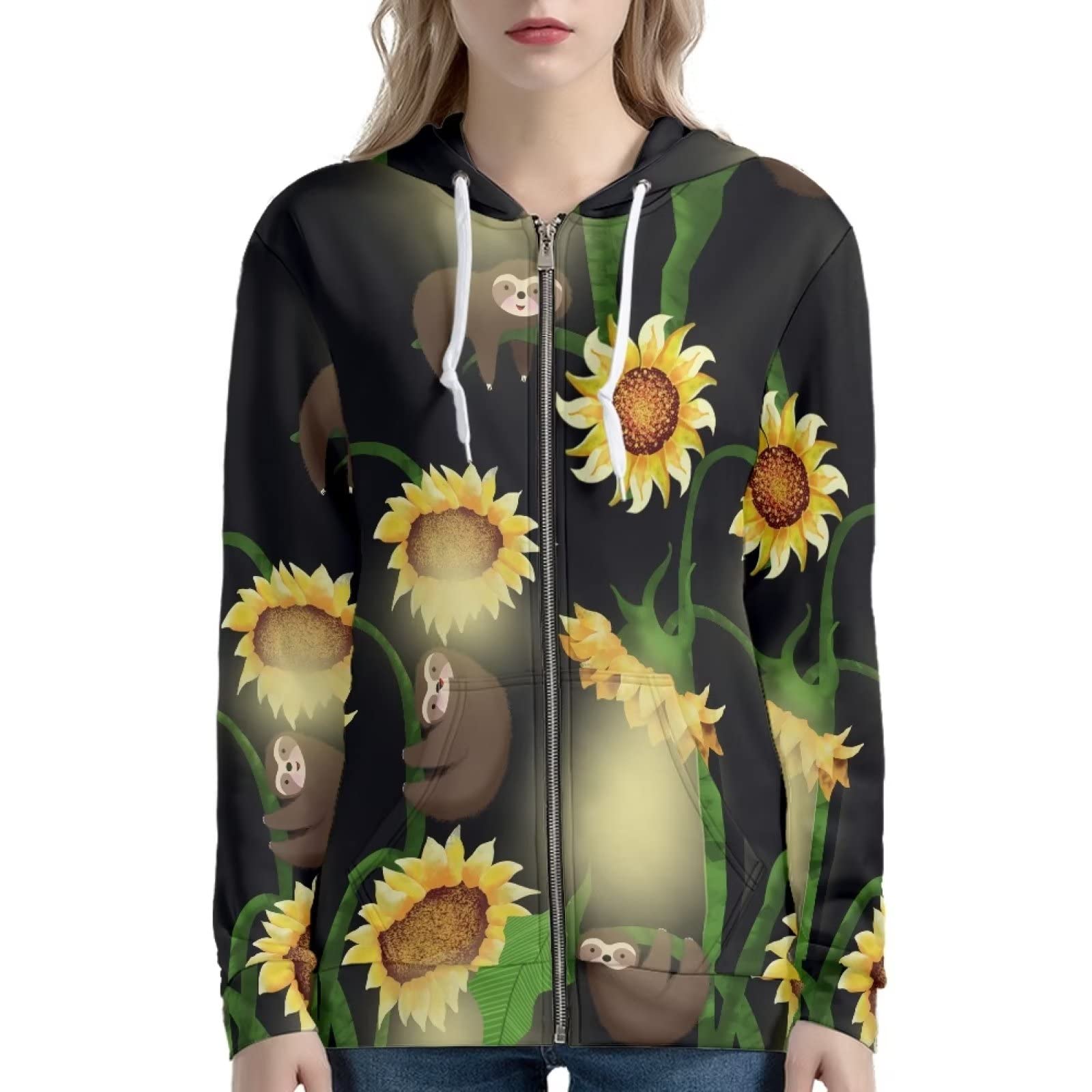 Xoenoiee Damskie bluzy z kapturem z kieszeniami, długi rękaw, kurtka z kapturem, zamek błyskawiczny, dziewczęca, oversize, odzież uliczna, Słonecznik i leniwiec, S