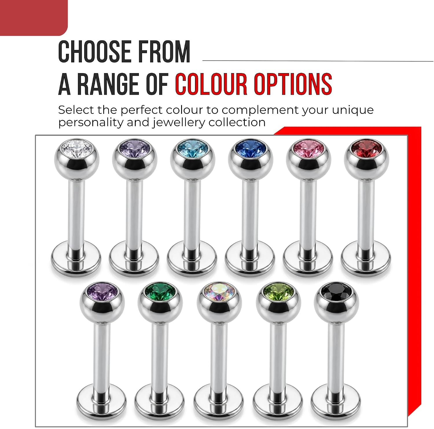 316L Surgical Steel 3mm, 4mm Stone Ball Top with 16 Gauge - 6mm, 8mm, 10mm Lip Labret - Flat Back Lip Stud - Tragus Earring - Cartilage, Helix - Tragus Piercing Jewelry