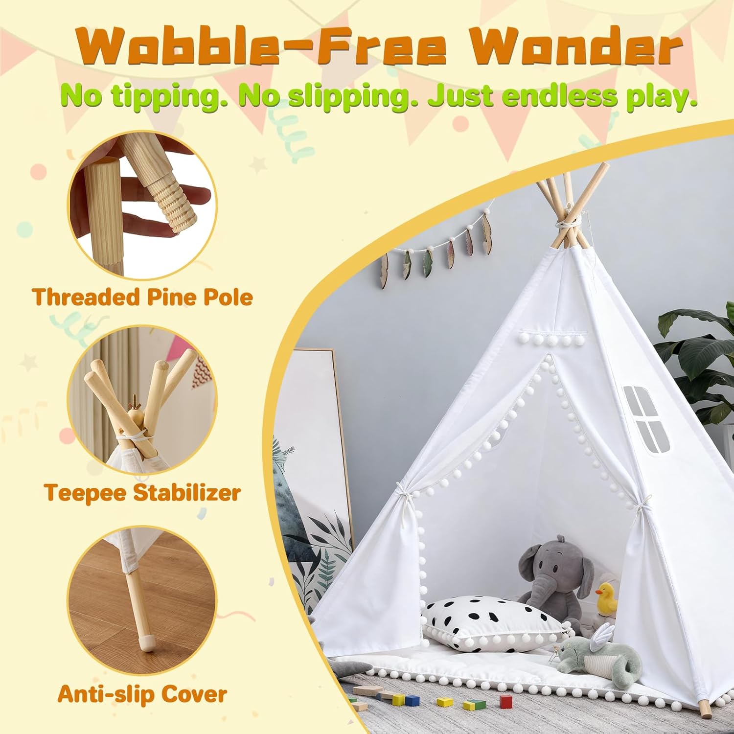 4 Pack Teepee Tent for Kids Slumber Party, Cotton Canvas Playhouse Sleepover Tent with Pompom for Girls & Boys Movie Night Holiday Party Supplies (White)