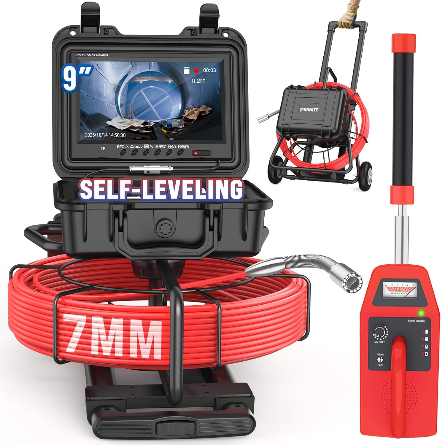 PRANITE Sewer Camera with Locator, Self-Leveling Snake IP68 Waterproof Camera 512HZ Sonde, 9 Inch HD Screen, 32GB TF Card, 200FT Distance Counting Function Included,Sewer Inspection Equipment