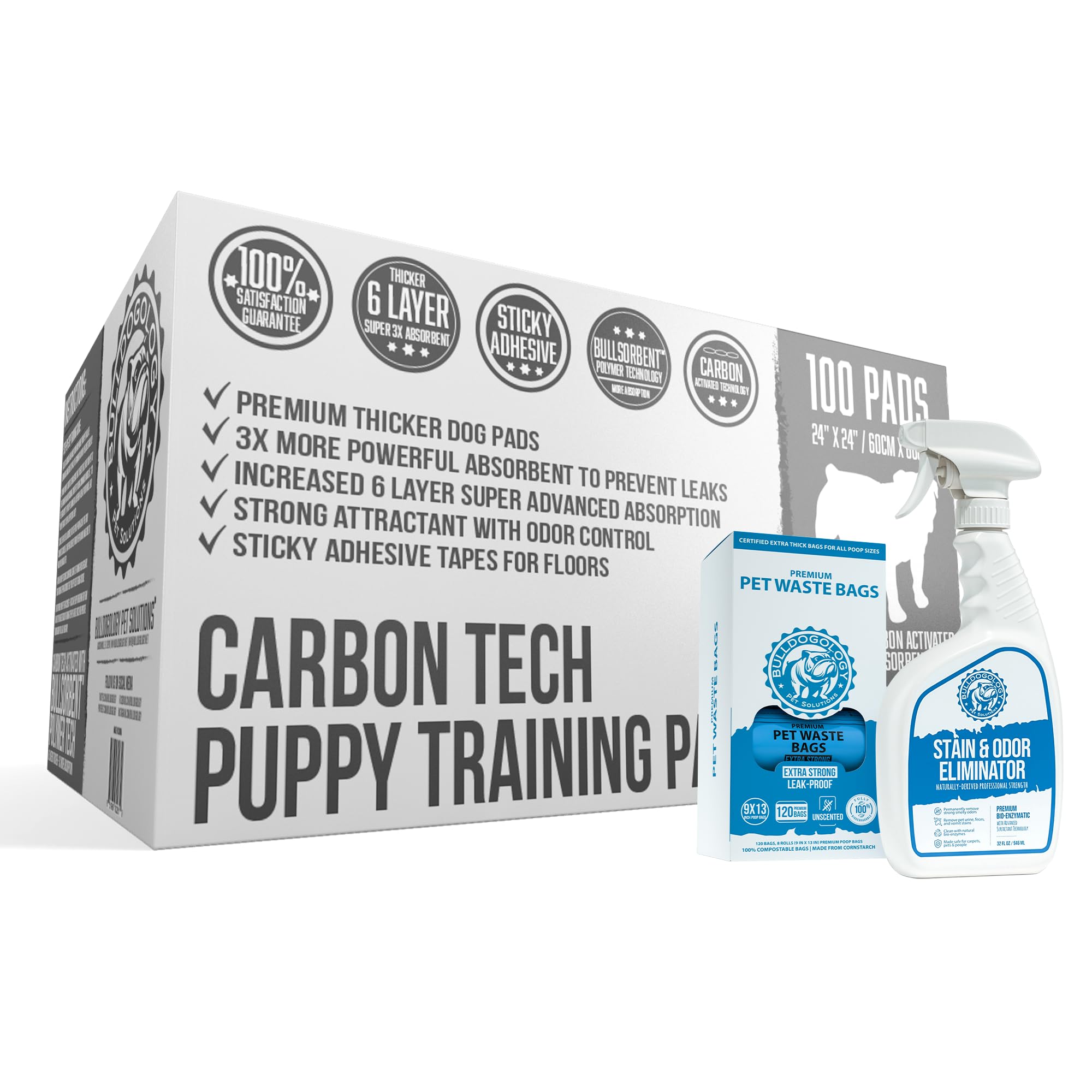 Bulldogology Carbon Puppy Pads 24x24, Stain & Odor Remover Bundle (100-Count w/ 32 oz., 120-Bags)