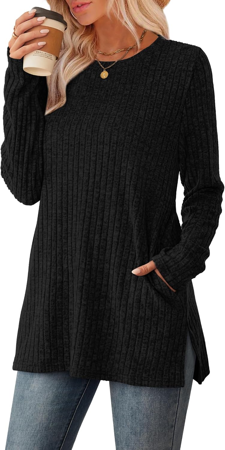 SAMPEEL Womens Sweaters Crewneck Long Sleeve Shirts with Pockets Fall Outfits 2025 Fashion Winter Clothing Side Slit - Image 2
