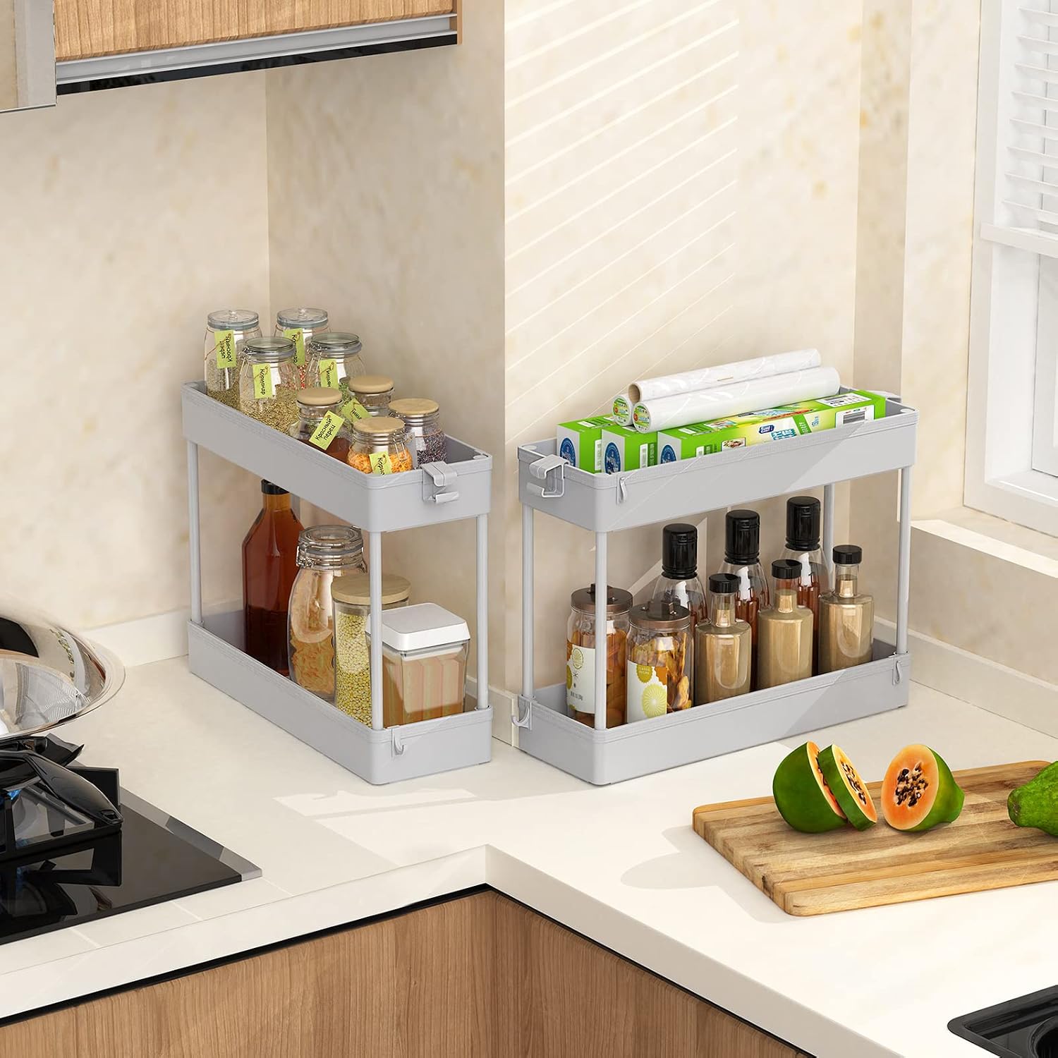 SPACEKEEPER Under Sink Organizers Storage, Bathroom Under Sink Shelf Basket, 2 Tier Bath Organizers and Storage Rack with Hooks, Under Kitchen Sink Shelf Multi-purpose, Gray