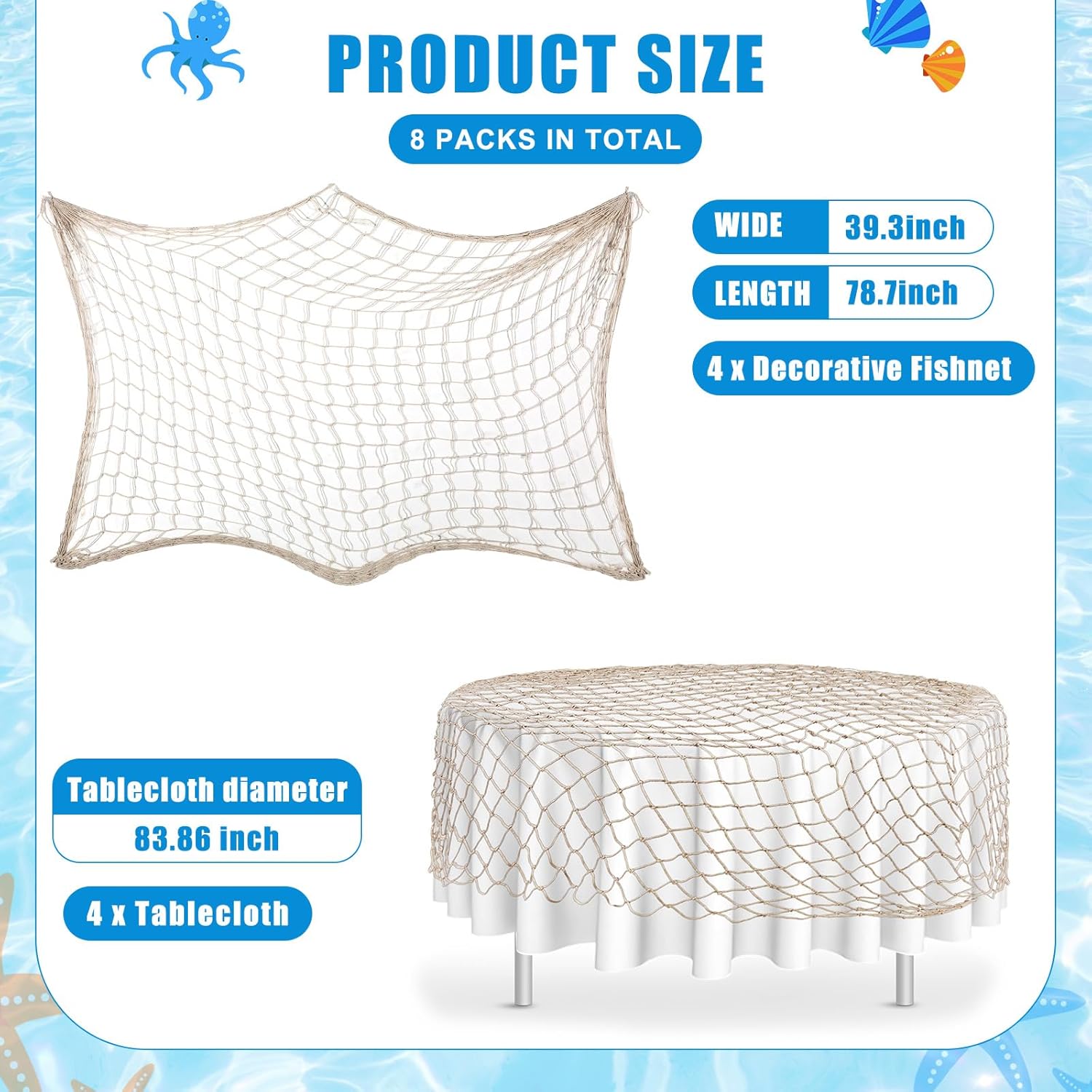 Irenare 8 Pack Fish Net Decorative and Tablecloth Set Party Decorations Cotton Fishnet and Round Table Cover Set for Ocean Nautical Mermaid Fishing Birthday Party (White)