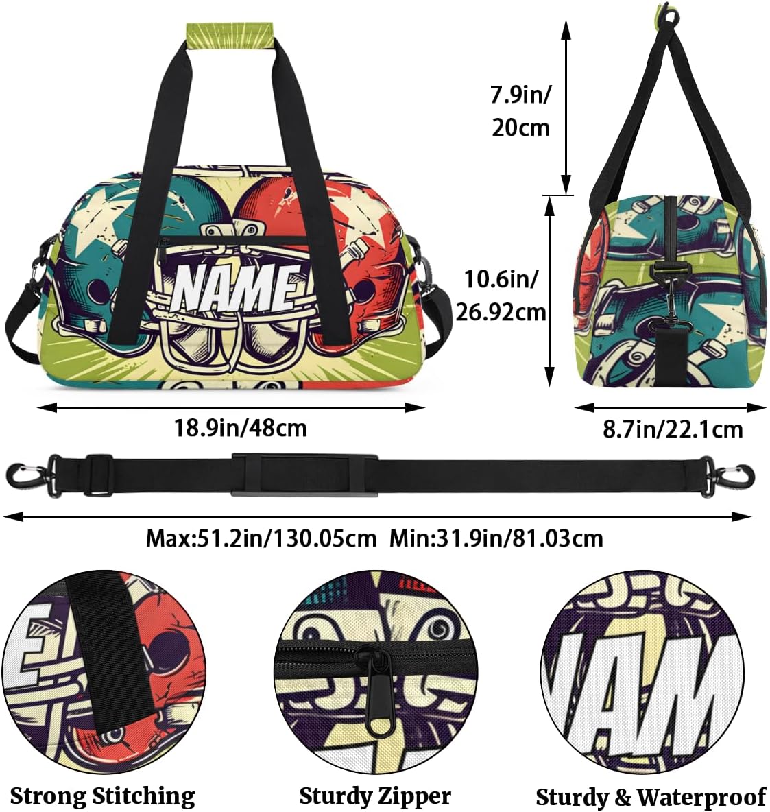 Custom Rugby Helmet Duffel Bag for Women Men, Personalized Football Themed Sport Gym Duffel Bag with Name Travel Weekender Overnight Bags
