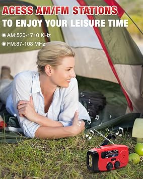Hand Crank Radio with AM/FM/NOAA Weather Band,for Emergencies, Camping | 3 LED Flashlights,SOS Function,Solar Powered,Hand Cranked, 2000mAh/7400mWh Charger,for Power Outage - Red