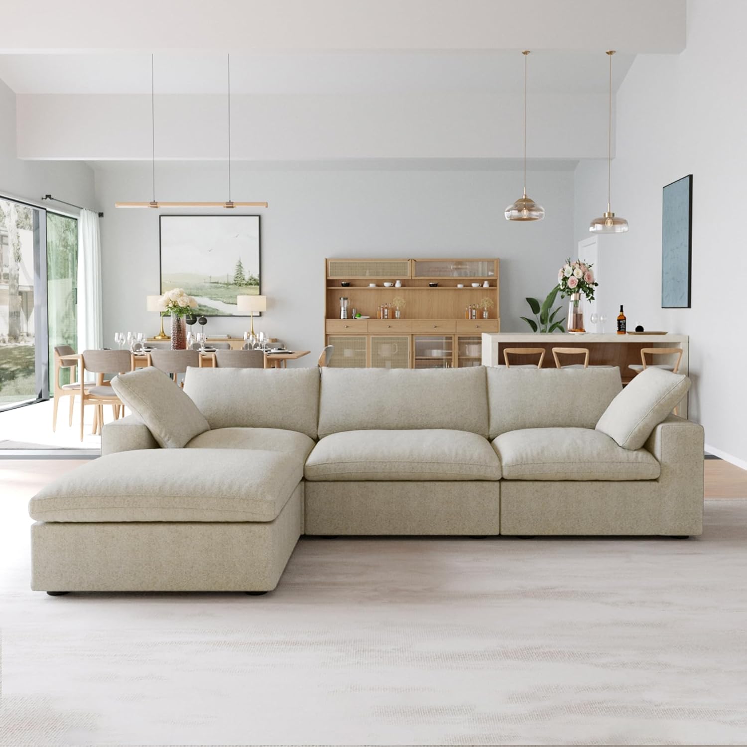 JACH 120" L Shape Cloud Sectional Couches for Living Room, Modern Convertible Modular Sofa, Couch Cushion Covers Removable, Sectional Sofas for Party Bedroom Apartment (Khaki)