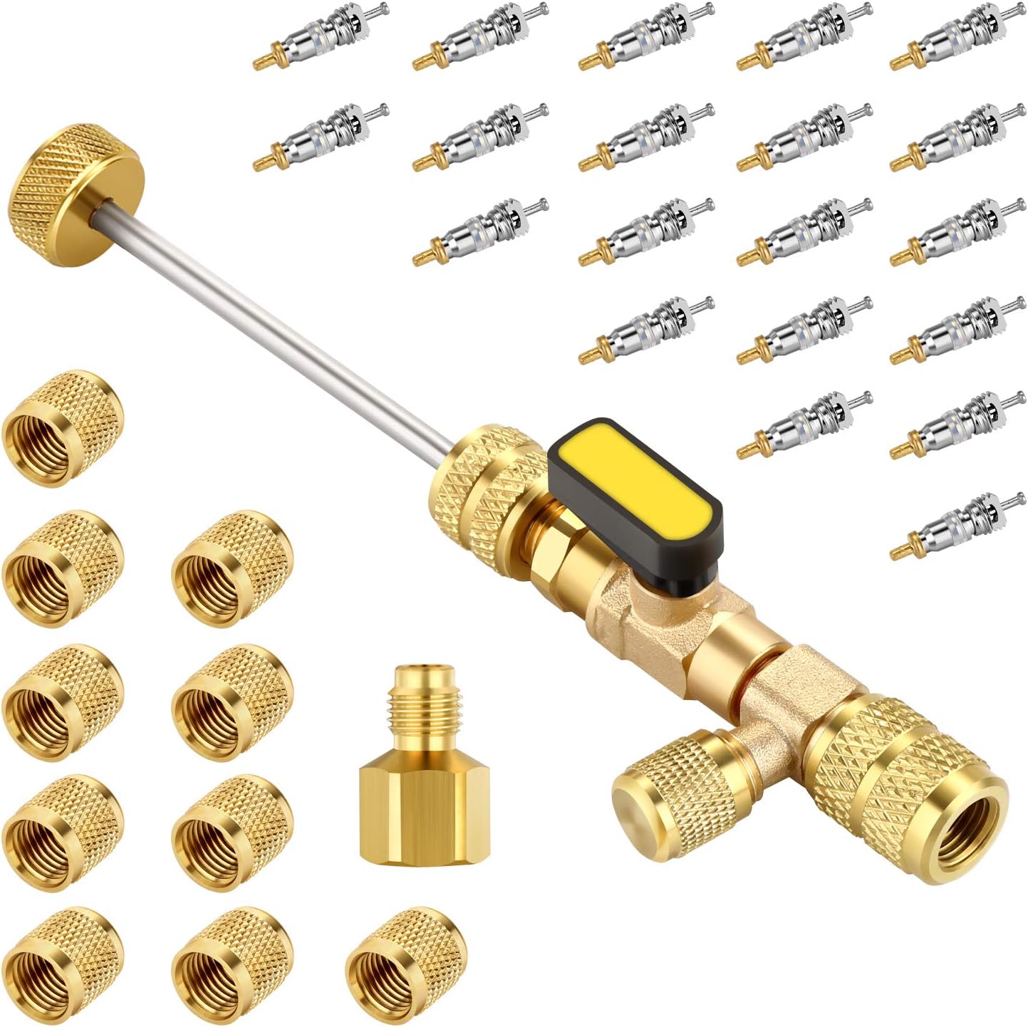 WADEO Valve Core Remover Installer Tool with Dual Size SAE 1/4 & 5/16 Port, 20 PCS Valve Cores with Teflon Seal and 10 PCS Brass Nuts, Compatible with R22 R12 R407 R410 R404 R32 R600 A/C
