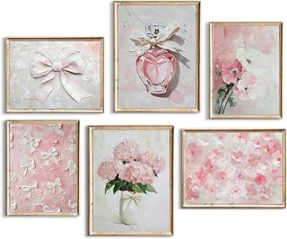 Pink Nursery Wall Art Floral Bow Canvas Prints Girls Room Wall Decor Pink Flower Pictures Coquette Aesthetic Poster Vintage Baby Nursery Artwork Painting for Bedroom Living Room 8x10x6 Inch Unframed