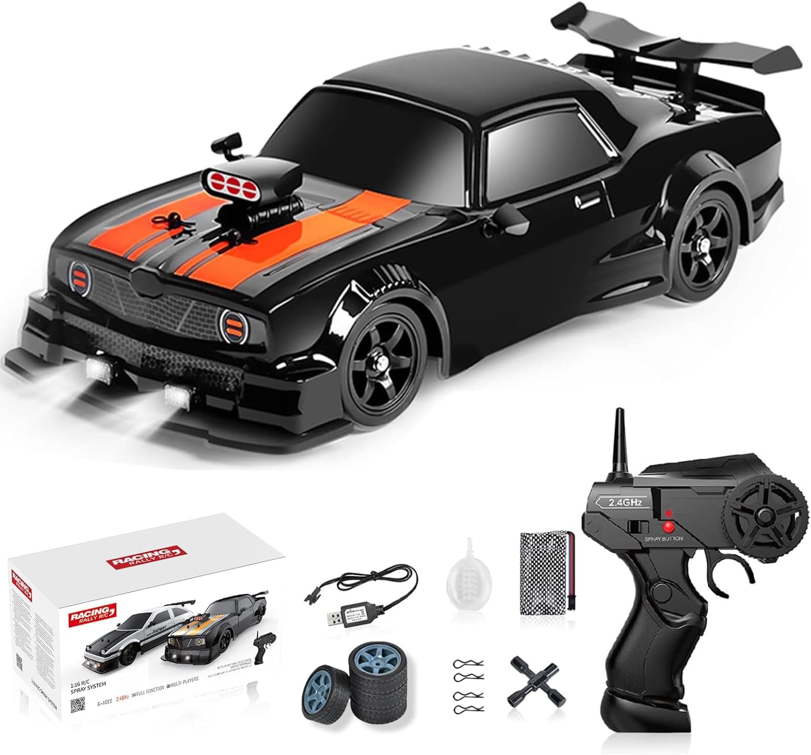 Remote Control Drift Car 1/16 Remote Control Spray Car 2.4GHz 4WD Remote Control Race Car Kids Gift for Kids Boys Girls with LED Lights Tires Replaceable
