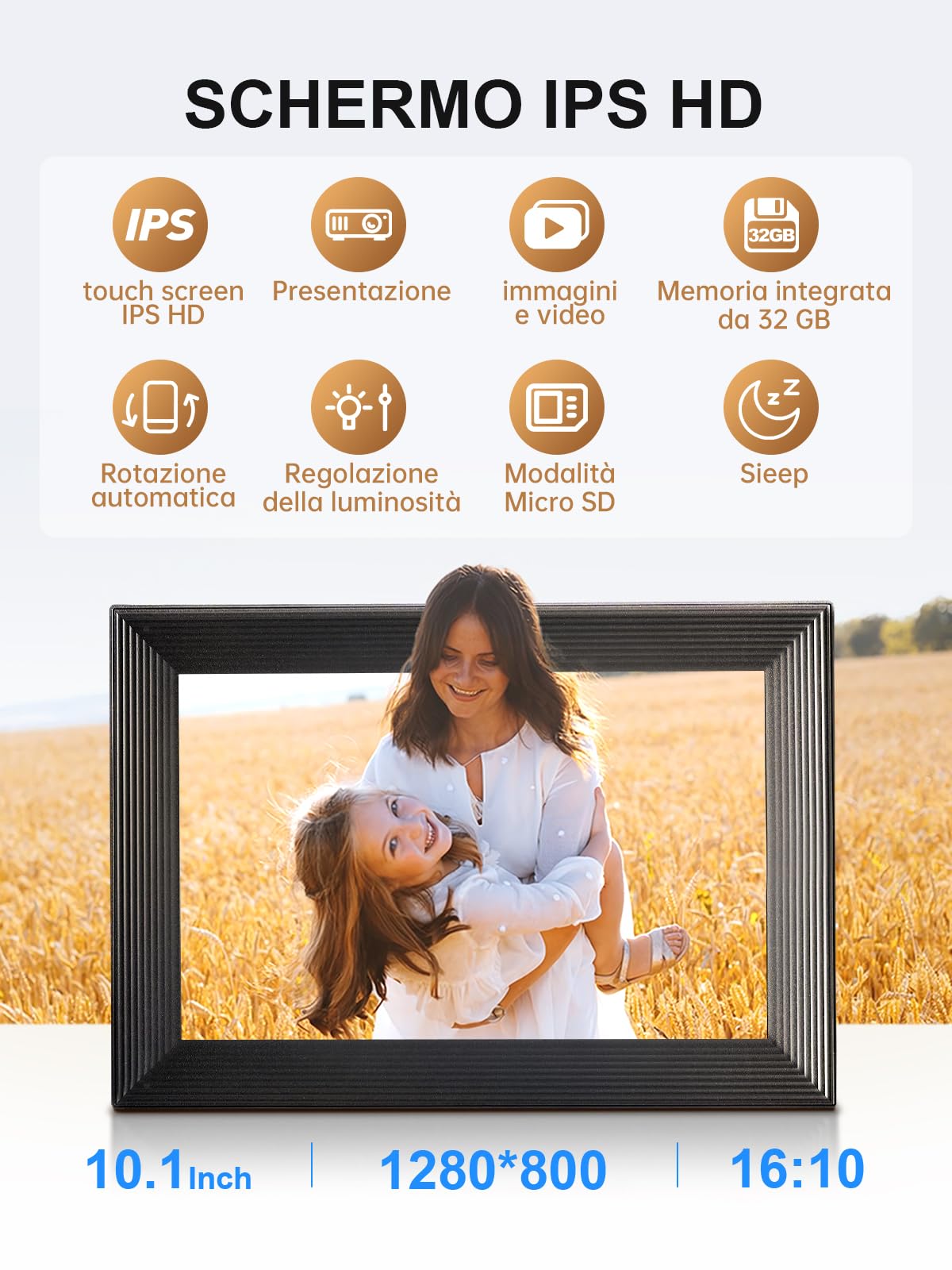 Moman Cornice Digitale WF11T, 10,1 Pollici Wifi IPS Touch Screen con Memoria da 32GB Condivisione Istantanea Montabile a Parete per Famiglia Amici Compleanno Anniversario, Cornice-Digitale-Foto-Wifi