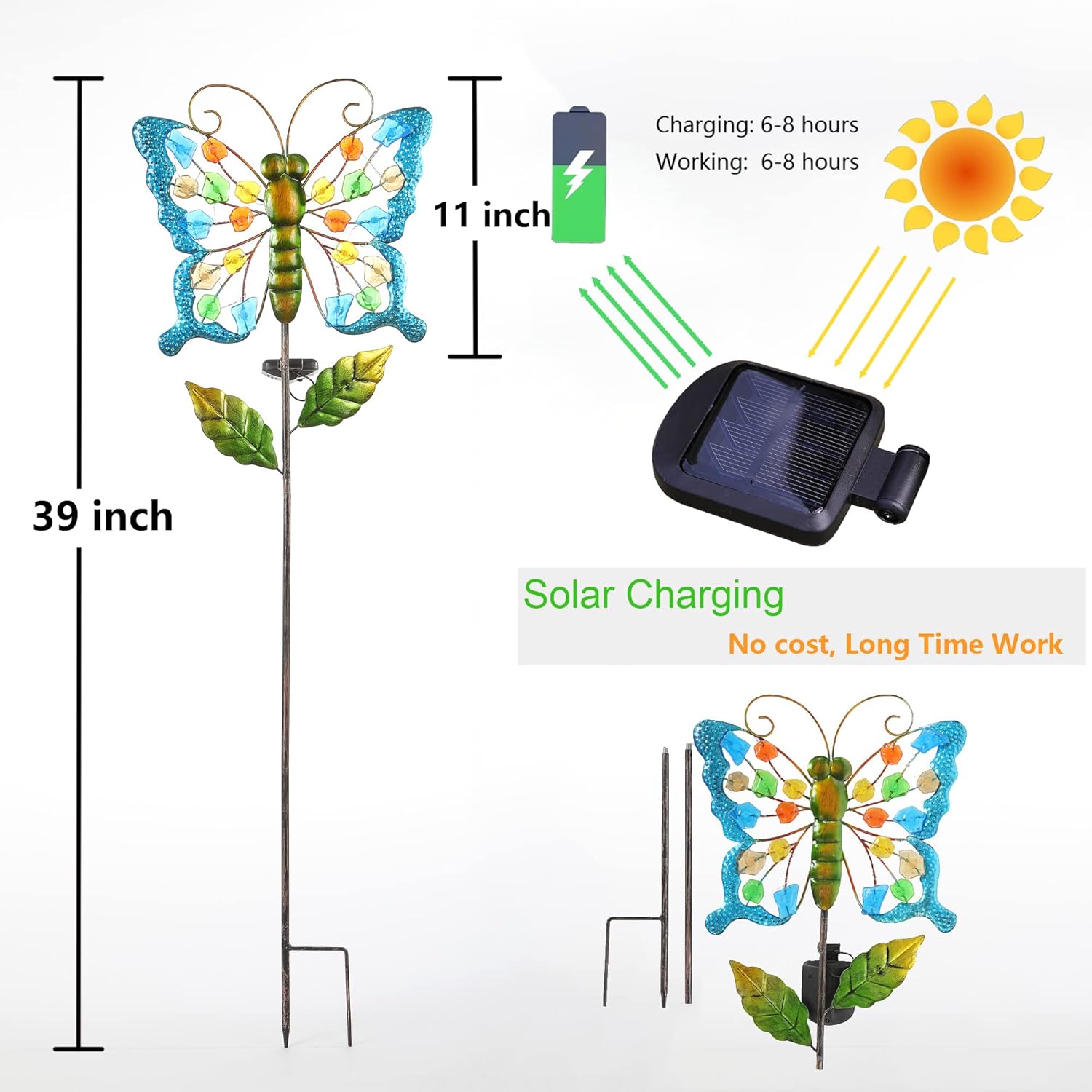 39 Inch Butterfly Garden Decor, Flower Solar Lights Stake Metal Butterfly with 22 Pcs Warm White Sea Glass for Outdoor Lawn Patio Backyard