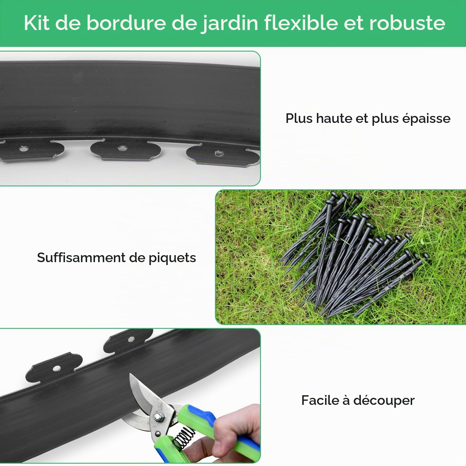 Bordure de Pelouse Flexible en Plastique, 15 m x 10 cm de Hauteur, Bordure de Jardin avec 75 Piquets de Fixation, kit de Délimitation pour Bordures de Jardin et de Massifs - Noir