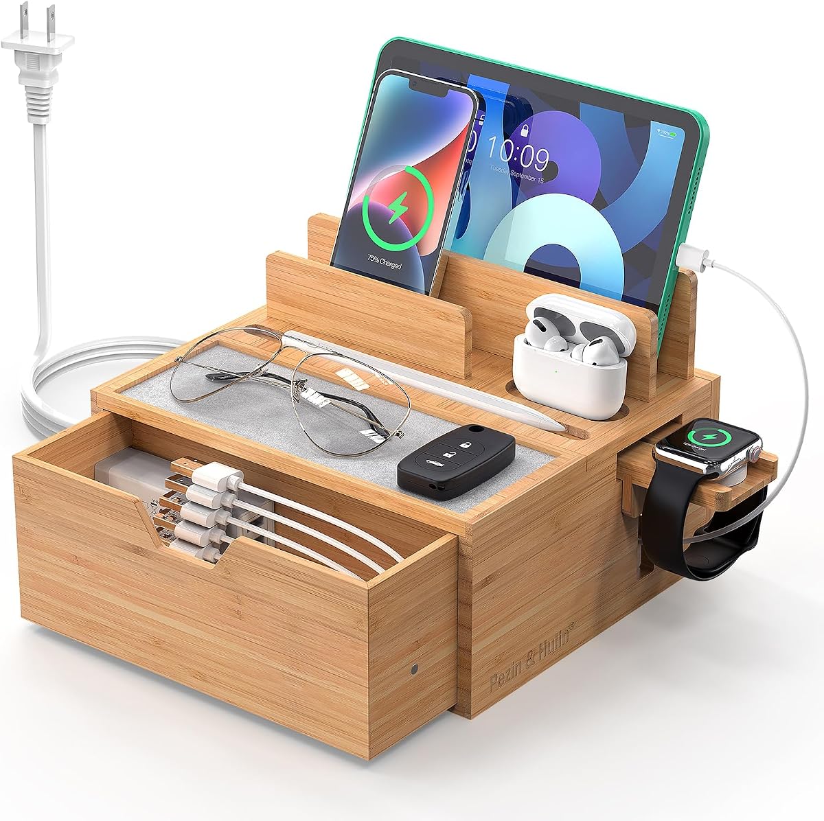 Bamboo Charging Station with Power Charger & Cables-Black | Nightstand Docking Station with Lined Tray & Drawer for Multi Device, Compatible with Tablet, Cell Phones, Watch & Earbuds