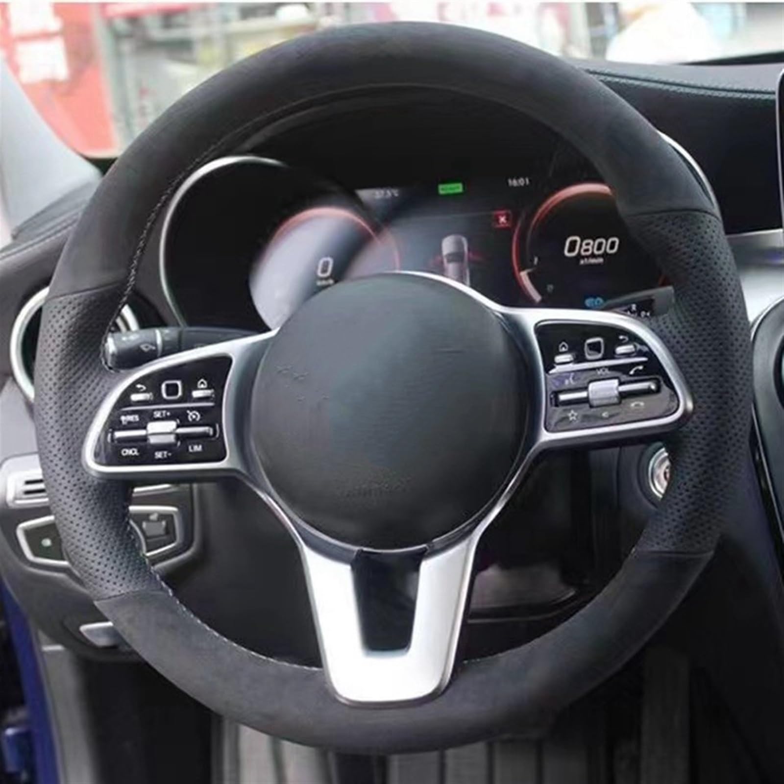 Ochraniacz na kierownicę antypoślizgowy czarny zamszowy pokrowiec na kierownicę samochodu do Mercedesa do Benz klasy A W177 klasy B W247 klasa C W205 klasa CLS Kolor: żółta nić (czerwona niebieska nić