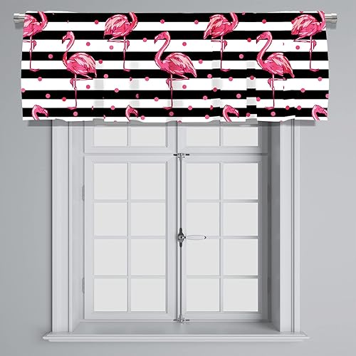 Miniatura 3 de Cenefa de cortina corta con bolsillo para cortinero con diseño de flamenco rosa sobre rayas blancas y negras para decoración de cocina, dormitorio,