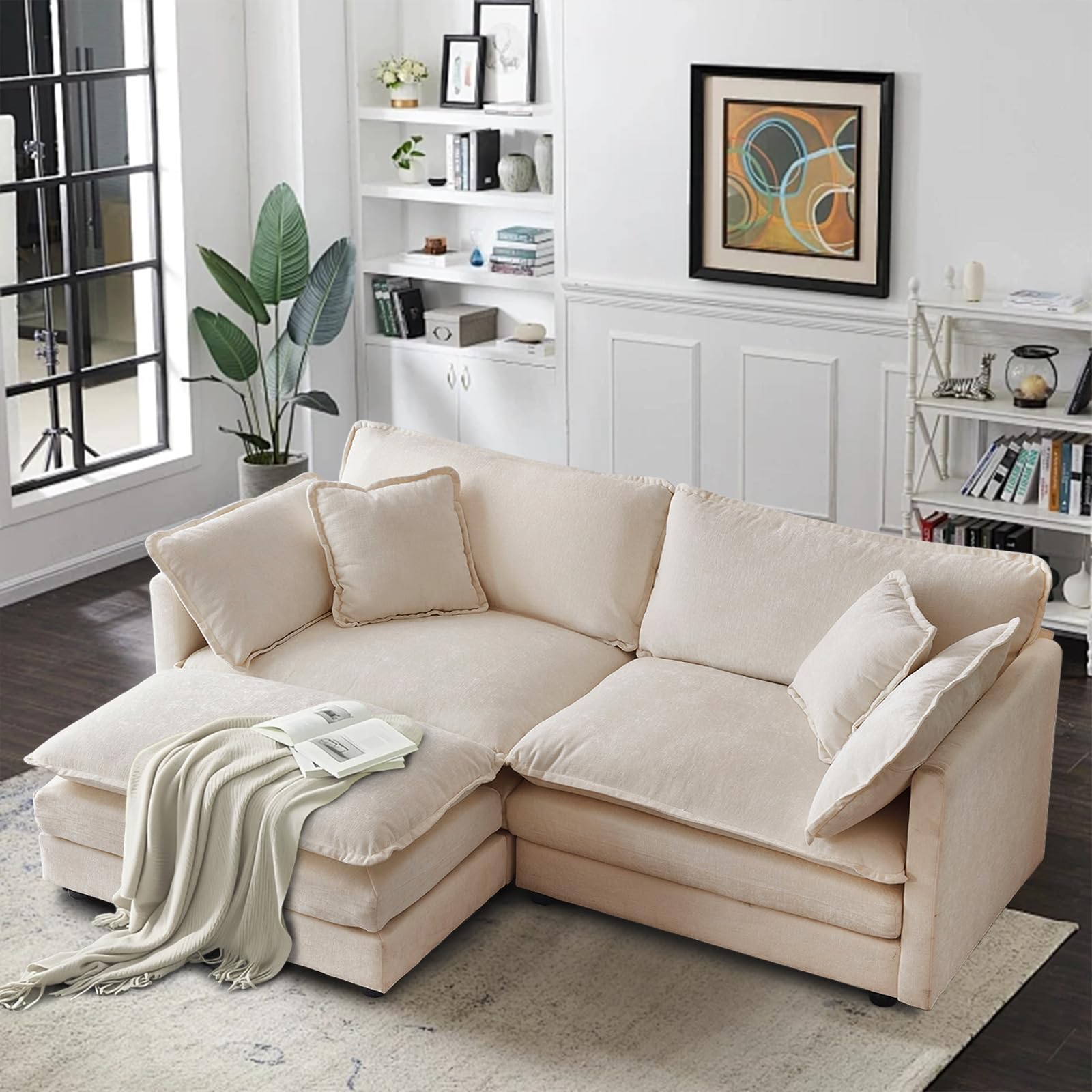 SoarFlash Chenille Sectional Sofa, Comfy L Shaped Modular Coush Sofa with Ottoman, Modern 2 Seat Couch Deep Seat Sofa Set for Living Room,Light Coffee