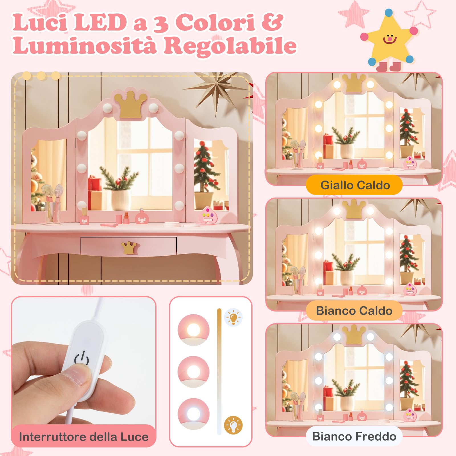 RELAX4LIFE Toeletta Trucco per Bambina con 8 Lampadine LED, 3 Colori di Luci, Specchiera Trucco con Sgabello, Toeletta in Legno, Specchio Rimovibile, per Bambini 3-7 Anni (Rosa)