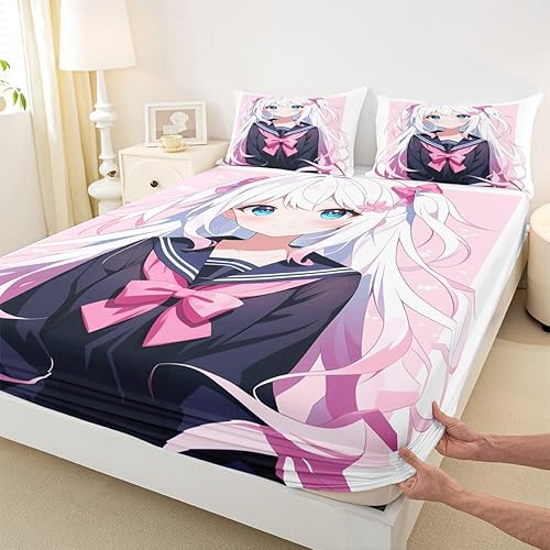 Miniatura 17 de Erosebridal Sábana bajera ajustable de uniforme de anime 3D para niña, tamaño Queen, estilo japonés, de dibujos animados, para niños, niñas y