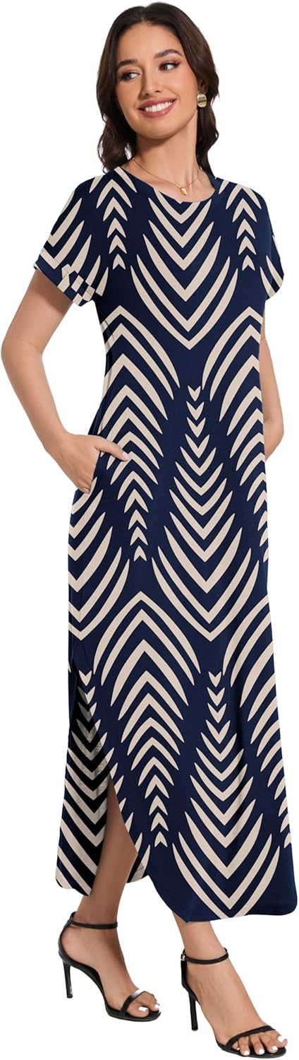 Women Summer Long Sundress Crewneck Short Sleeve Maxi Dress 2026 Casual Loose Beach Dress with Pockets - Image 4