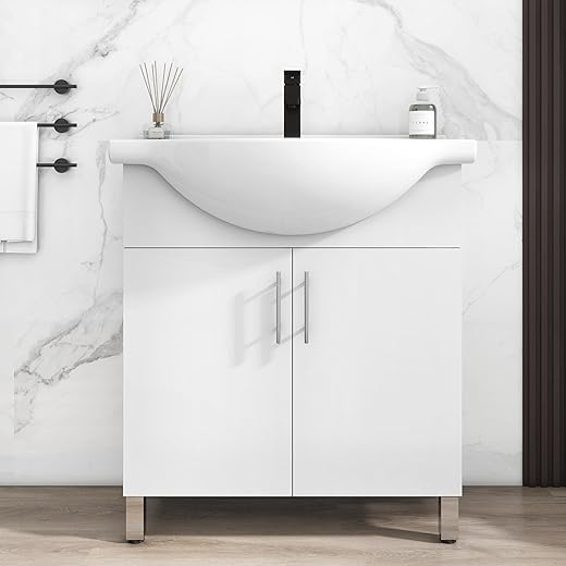 LUCKWIND 24 Inch White Laundry Sink Cabinet Set with Ceramic Belly Bowl Sink and Faucet - Bathroom Vanity Combo, Ceramic Utility Sink for Laundry, Utility Room, Bathroom, Kitchen