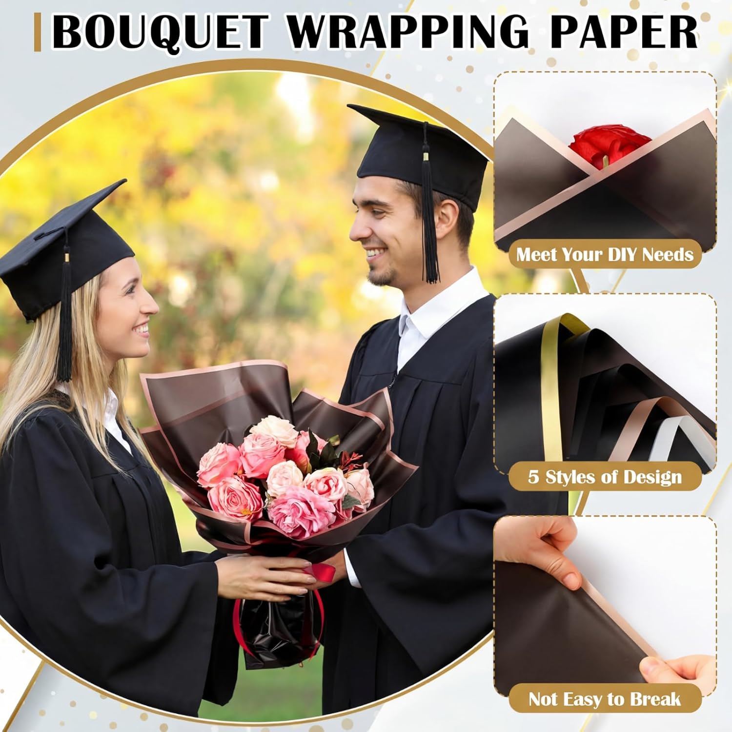 AmazingSpark 100 Sheets Flower Wrapping Paper Valentine's Day Black Waterproof Floral Bouquet Wrapping Paper 5 Styles Korean Florist Bouquet Supply for Valentine's Day Wedding Birthday DIY Gift