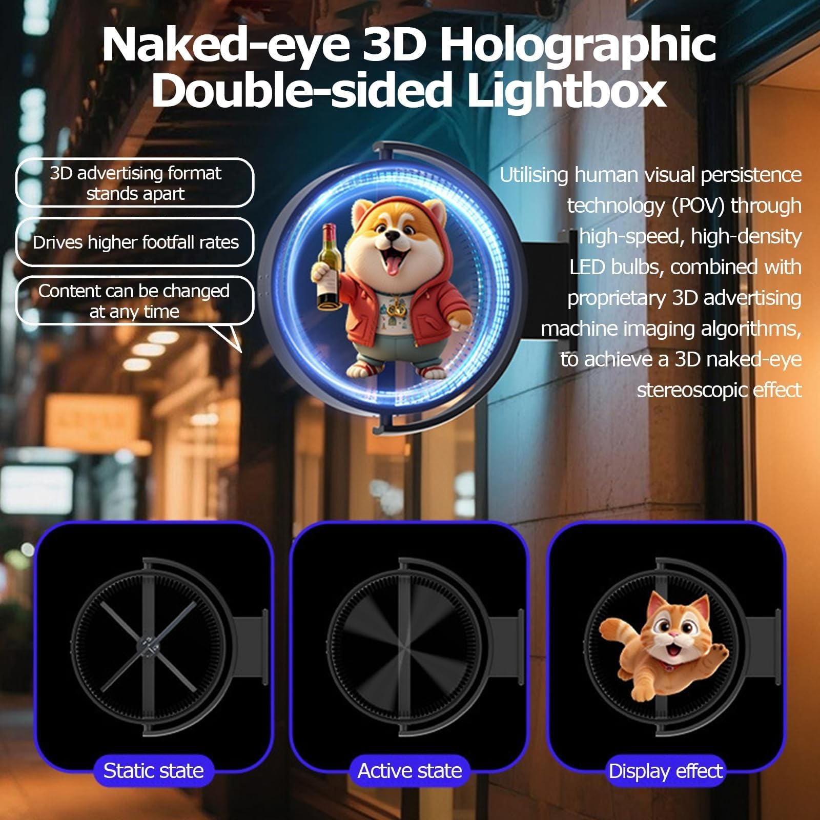 3D Holografischer Fan Projektor, doppelseitige Werbung Leuchtkasten mit Smart App Steuerung für Business Display in Restaurants, Cafés, Geschäften und Bars