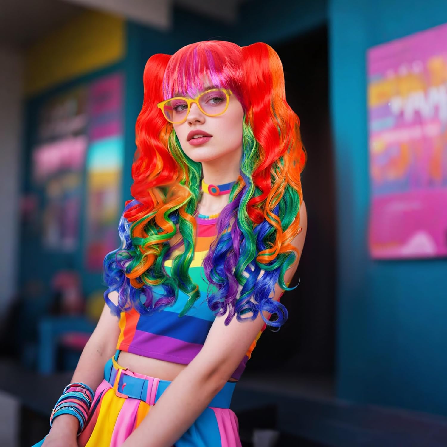 Gvhntk Rainbow Wig with 2 Curly Ponytails Long Curly Cosplay Wig Detachable Pigtails Wigs for Women Halloween Costume Party
