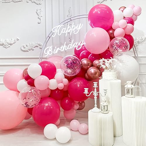 Kit de arco de globos rosados, 150 globos de confeti rosa intenso y blanco para feliz cumpleaños, San Valentín, madre, niña, baby shower, decoración