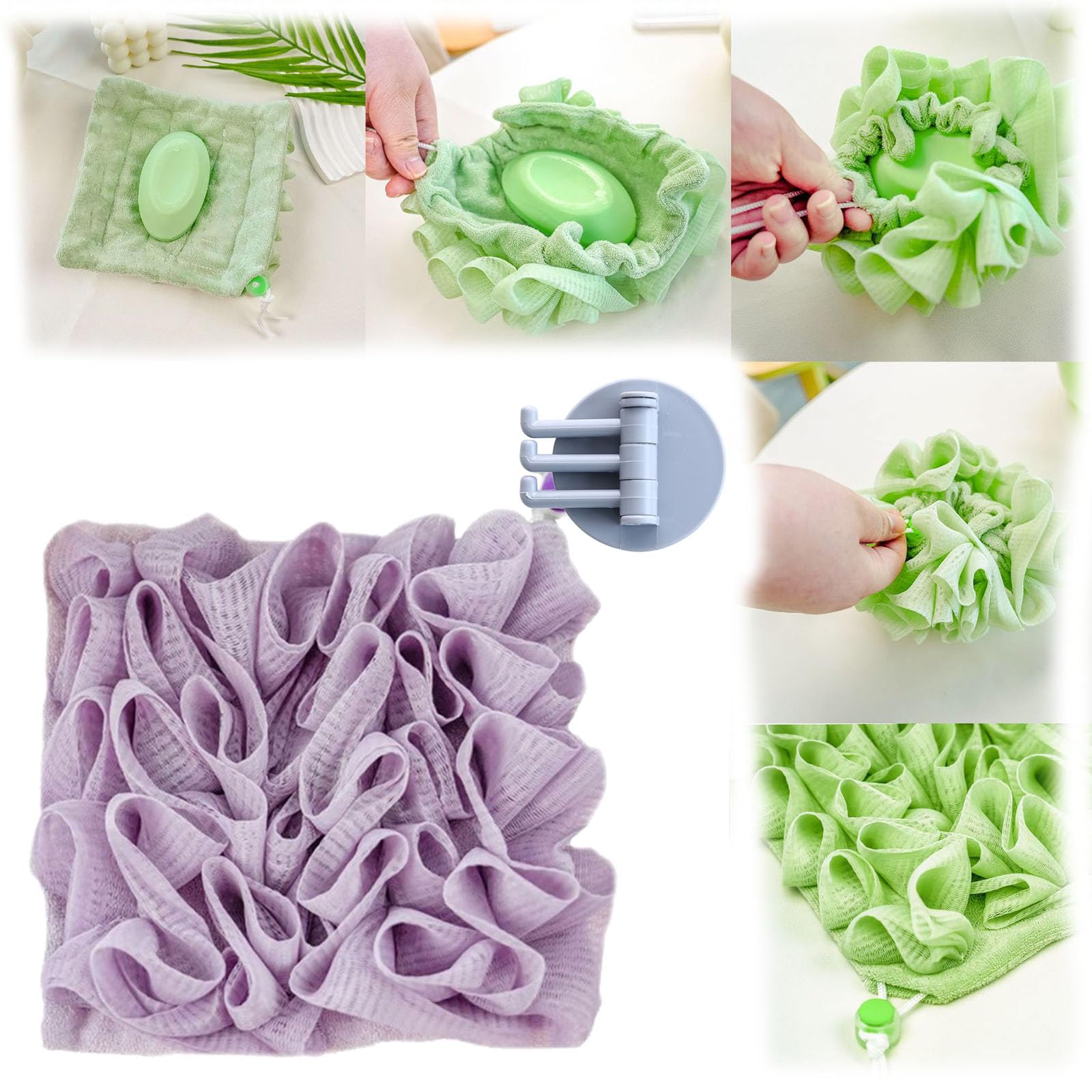 Loufee,Loufee Loofah Washcloth 2-in-1 Bath Loofah Sponge Loufee Jelly Soap the Leeffa Soft Loofah and Washcloth Bath Ball Towel Loofah with Drawstring Loofah That Holds Bar Soap (Purple)