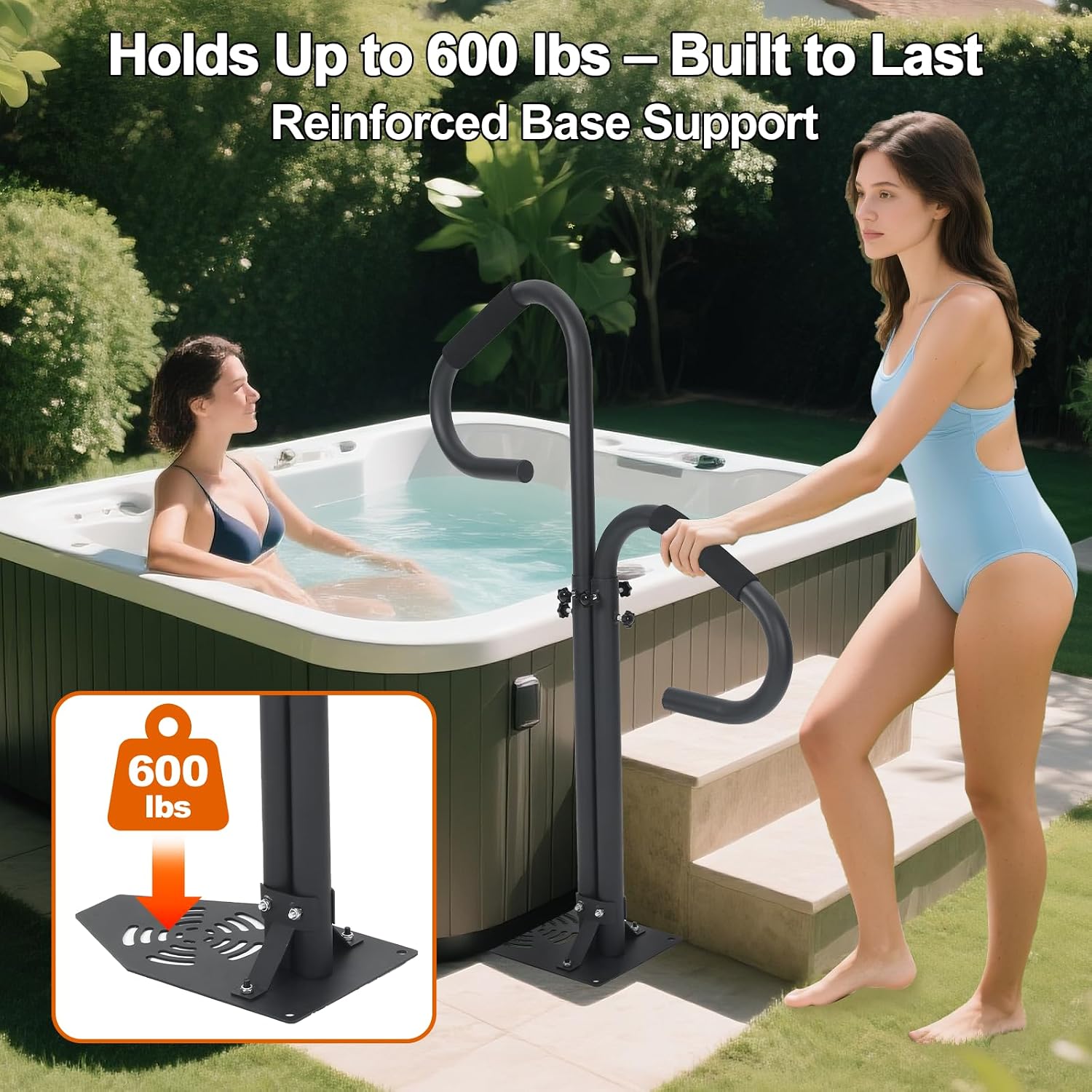 Hot Tub Handrail with 360° Rotating Dual Handles, 38-62" Adjustable Height Two-Way Hot Tub Handrails, Hot Tub Hand Rail to Get in and Out, Rustproof Carbon Steel Spa Hand Rail