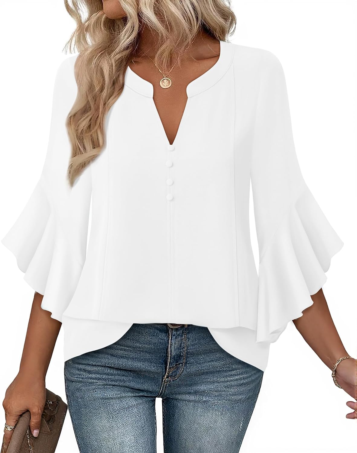 Bebonnie Womens Tops Dressy Casual Ruffle 3/4 Sleeve Henley V Neck Chiffon Blouses with Buttons