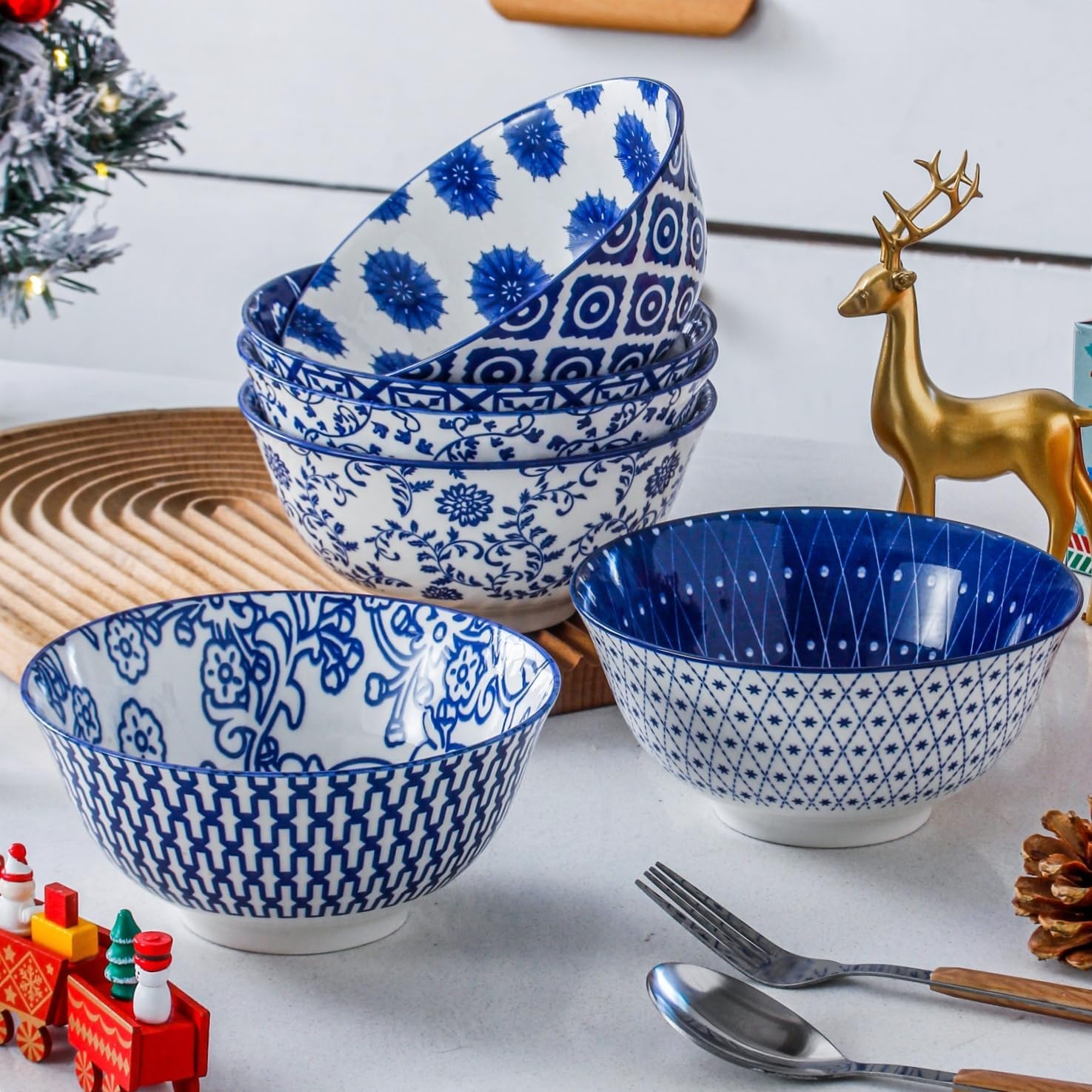 24 Oz Ceramic Soup Bowls Set of 6 | Cereal Bowl for Kitchen, 6 Inch Large Porcelain Bowl Salad Pasta Dessert Oatmeal - Microwave Dishwasher Safe - Vintage Blue