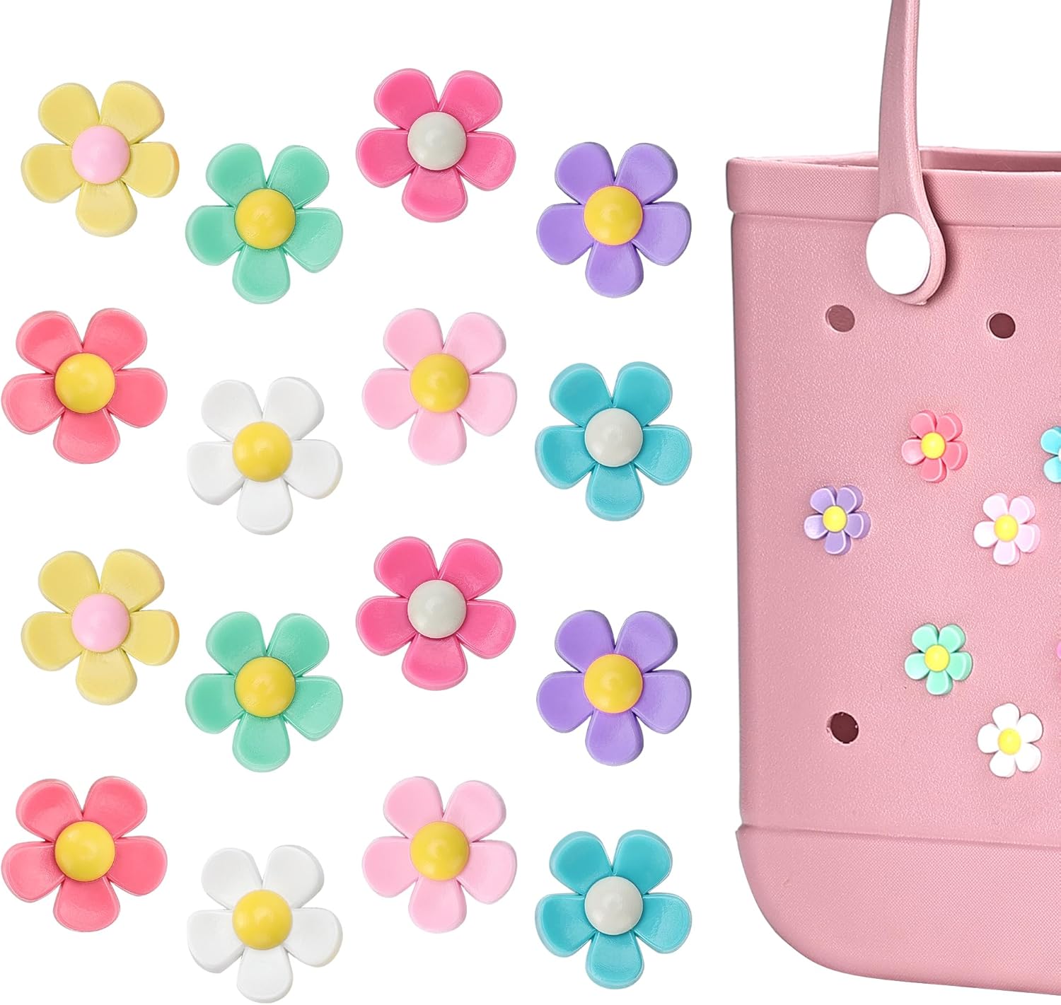 Ella & Emma 16Pcs Flower Charm Accessory for Bogg Bags and Simply Southern Totes, Decorative Accessories to Customize Your Beach Tote Bag (16pc Rainbow Flowers)