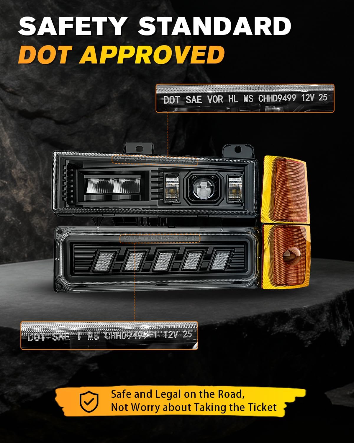 BICYACO 5-in-1 DOT LED Headlight Assembly with Turn Signal Side Marker, Anti-Glare 6600LM Hi/Lo Beam, IP67 Waterproof, Plug N Play for OBS 1994-1999 Chevy Silverado Tahoe Suburban C/K 1500 2500 3500