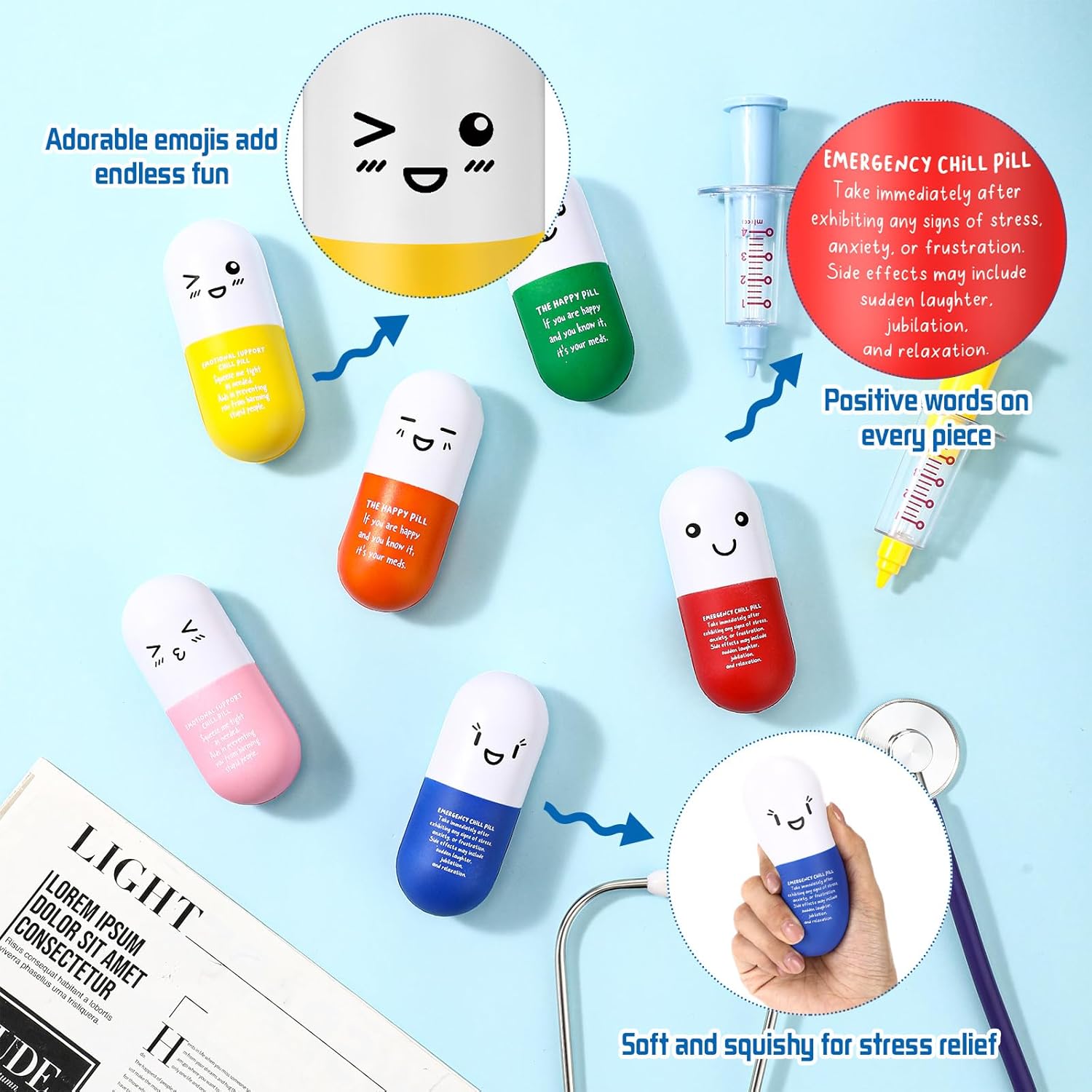 Arrowbash Vitamin Pill Stress Ball Nurse Day Appreciation Gift for Nurses Doctor Pill Shaped Foam Inspirational Coworker Employee Thank You Stress Ball with Cute Cartoon Emotion Face(12 Pcs,Emergency)