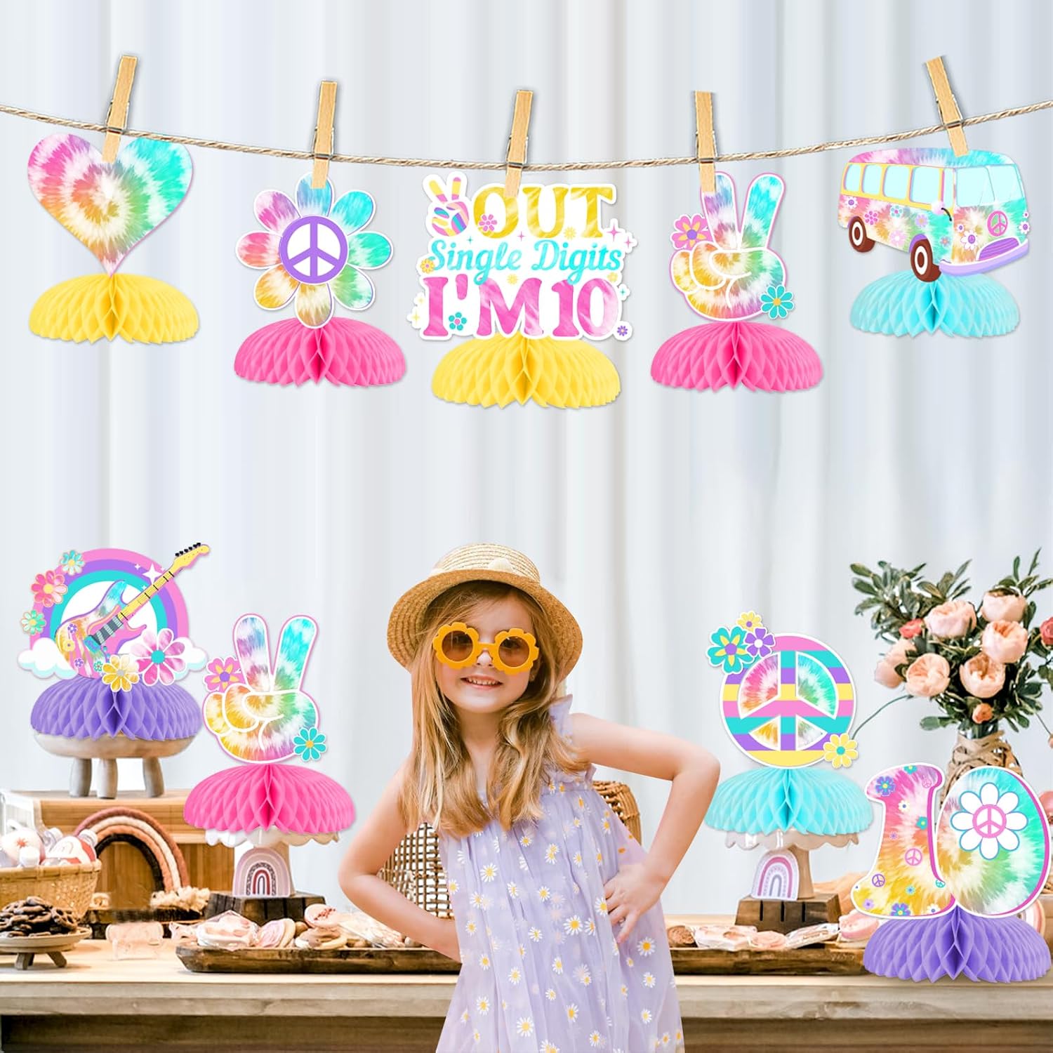 Tie Dye 10th Birthday Decorations for Girls 8pcs Tie Dye Honeycomb Centerpieces Peace out Single Digits Centerpieces Double Digits Decor for Rainbow Tie Dye Retro Hippie Theme 10th Birthday