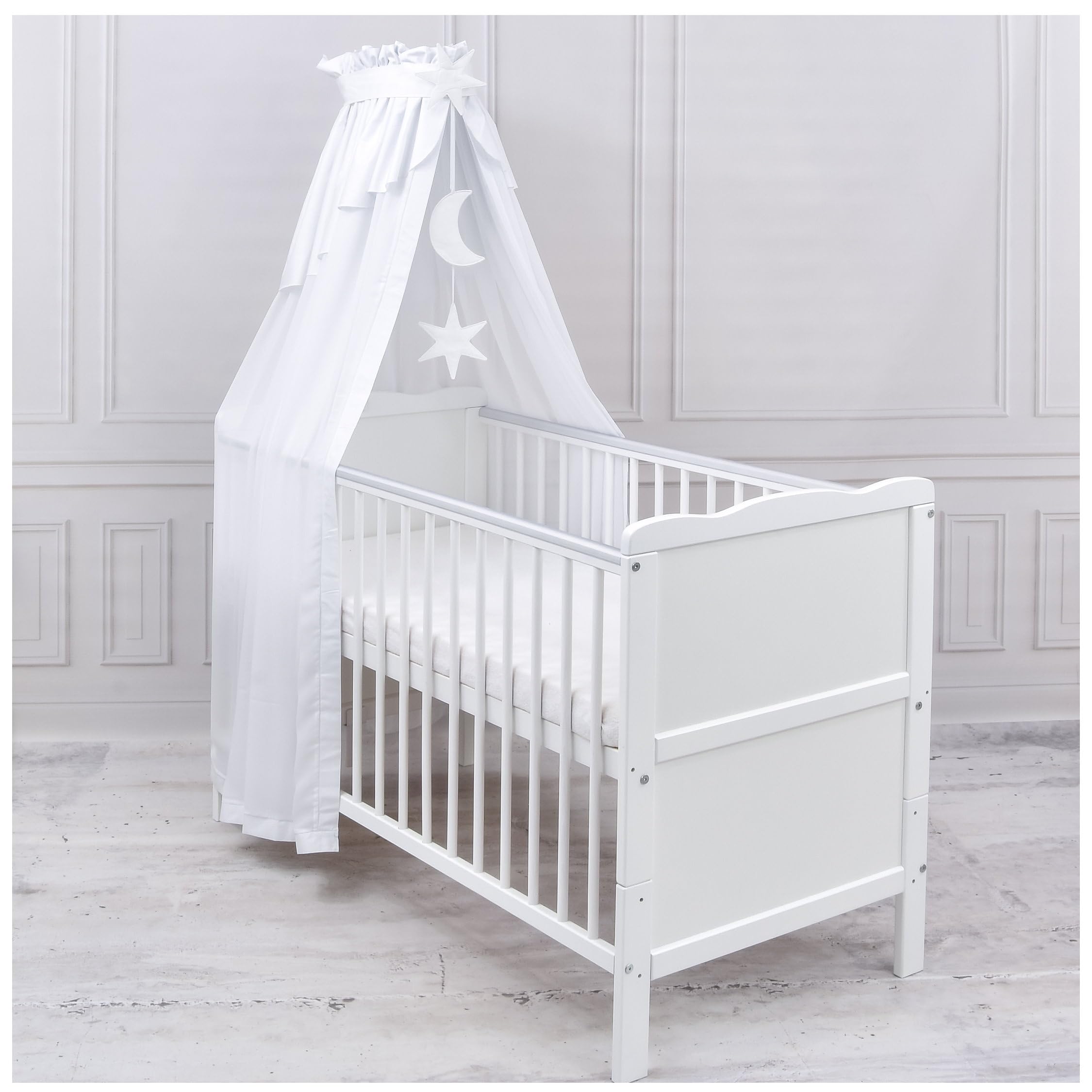 Generisch Baby Delux Babybett Himmel Betthimmel Chiffon Baldachin für Babybett Kinderbett Wiege Stubenwagen Himmelstange Applikationen Deko (Weiß, ohne Himmelstange)