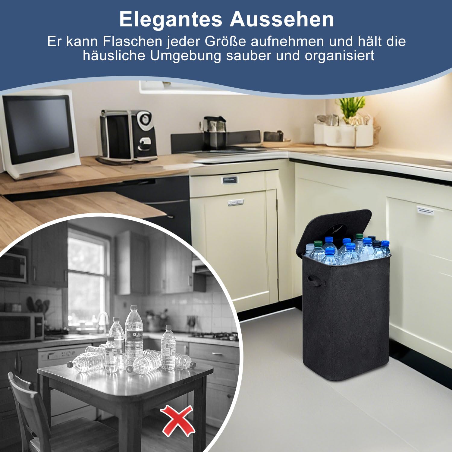 100L Schwarz 2X Pfandflaschen Sammelbehälter mit Deckel & 2X Tragetasche,Behälter Leergut & Altglas Aufbewahrung, Robuster Flaschensammler für Küche
