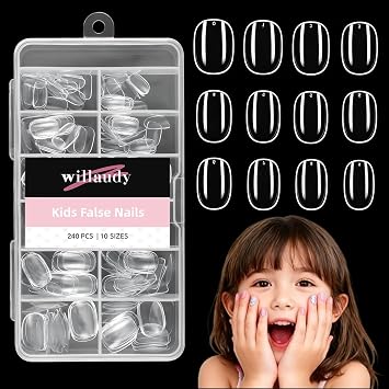 Clear Press on Nails for Kids Acrylic Fake Nails for Little Girls Full Cover Kids Nails Set Nail Tips Squared Oval 240 Pcs 10 Sizes