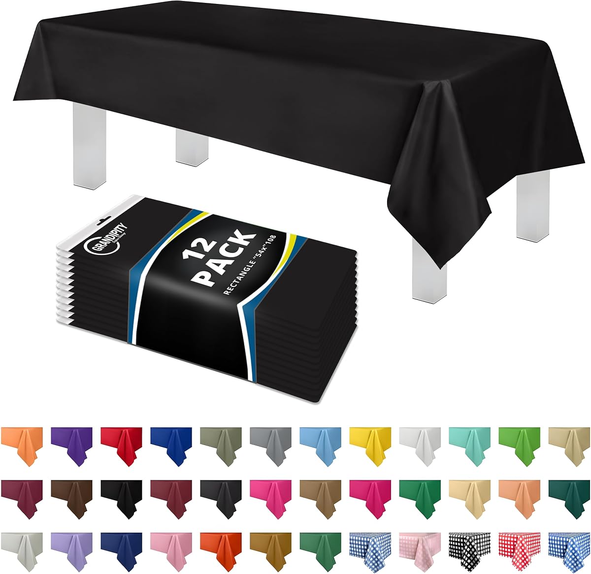 Grandipity Plastic Table Cloth Disposable 12 Pack 54” x 108” Rectangle | Black Plastic table covers, durable disposable tablecloths, fade and tear-resistent table cover for party, event