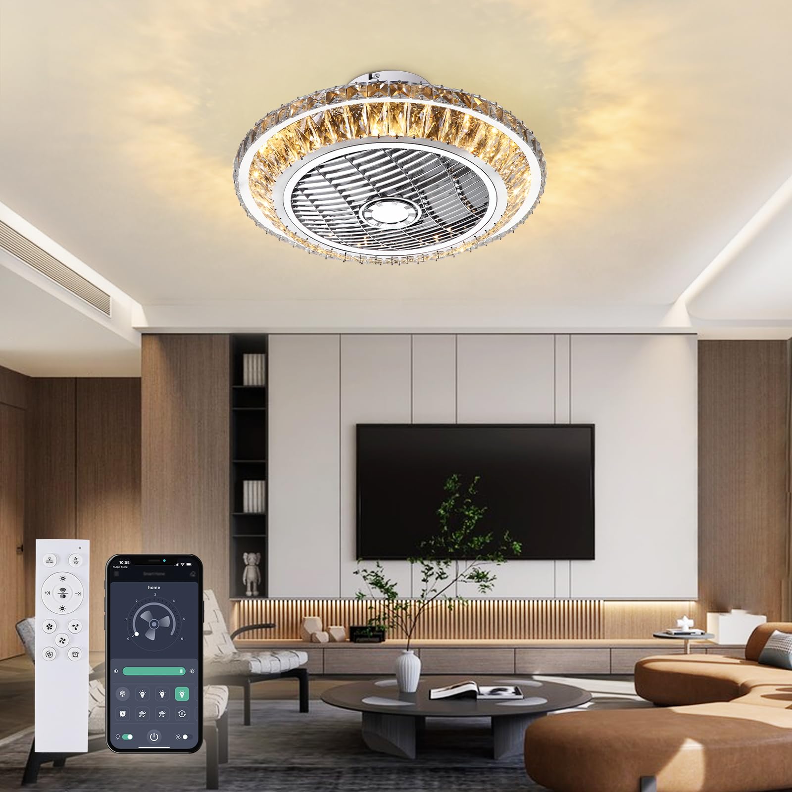 Crystal Ventilatori Da Soffitto Con Lampada 72W LED Fan Plafoniera Invisibile 3 Velocità Con Telecomando Dimmerabile Decorazione D'interni Illuminazione Camera Da Letto Ristorante Fan Lampadario(A)