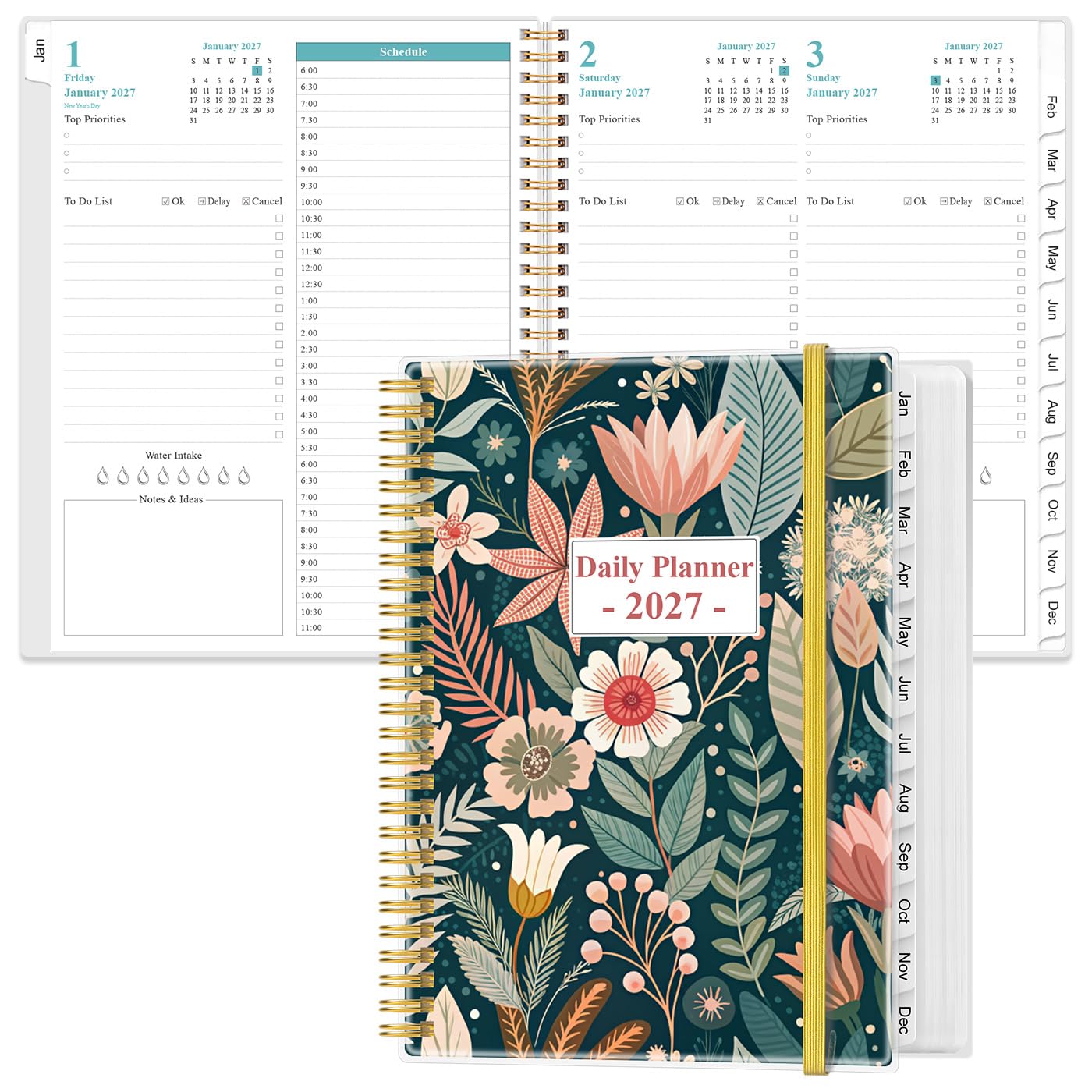 Agenda giornaliera e mensile 2027, una pagina al giorno, agenda giornaliera da gennaio 2027 a dicembre 2027, planner 2027 con 12 linguette mensili, 21,6 x 27,9 cm, motivo floreale C